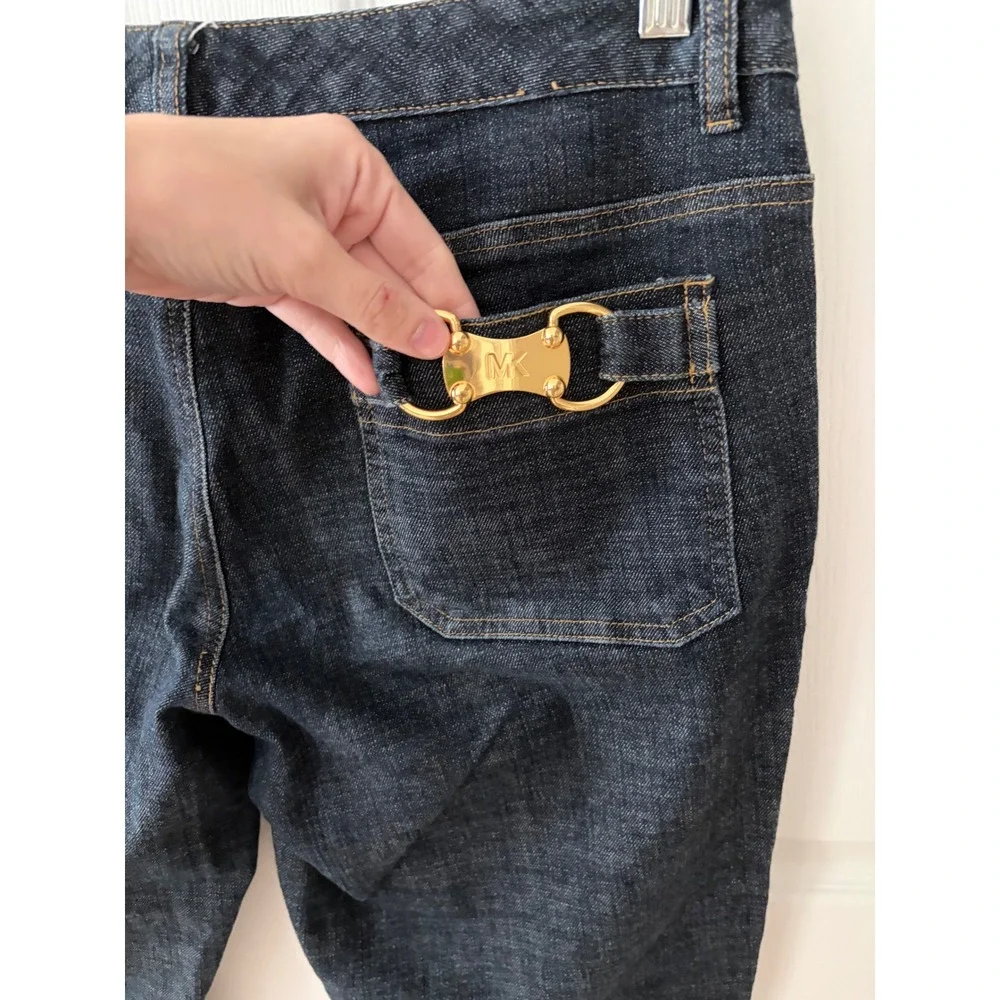 Michael Kors Womens Dark Wash Straight Leg Jeans Gold Logo Horsebit Size 10